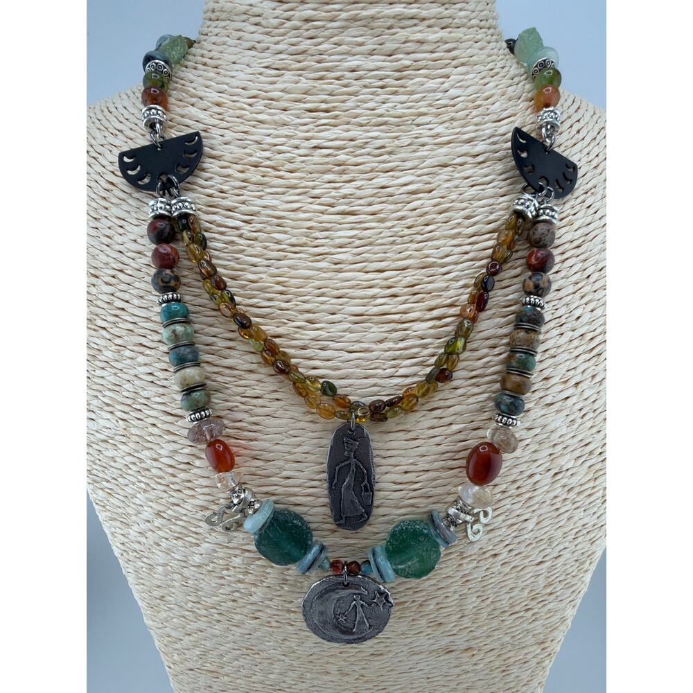 Artisan Handcrafted Multi Gemstone Double Strand Medallion Necklace